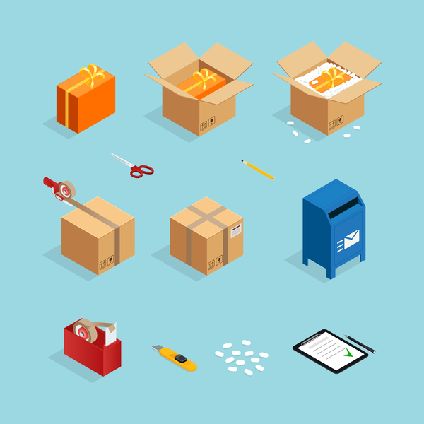 Set of isometric box packing stages icons with gift wrappings sticky tape and carton mail box vector illustration